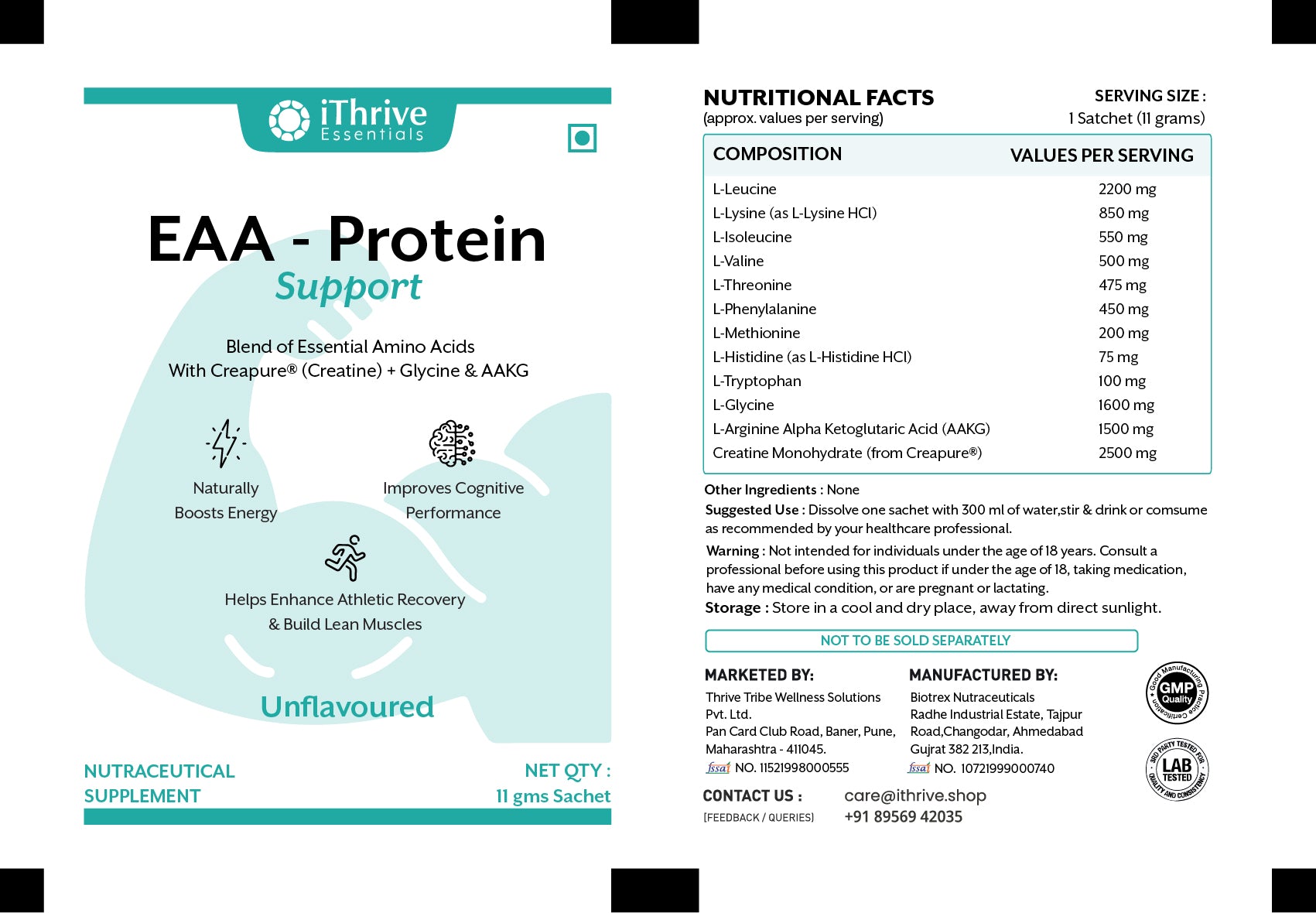 EAA Protein Support - Build Muscle, Boost Energy with BCAAs, Creapure® Creatine & Glycine - 30 Sachets