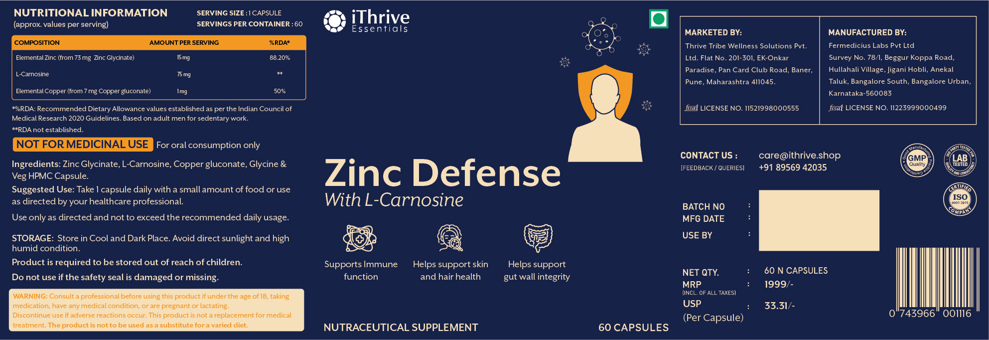 iThrive Essentials Zinc + Copper + L-carnosine